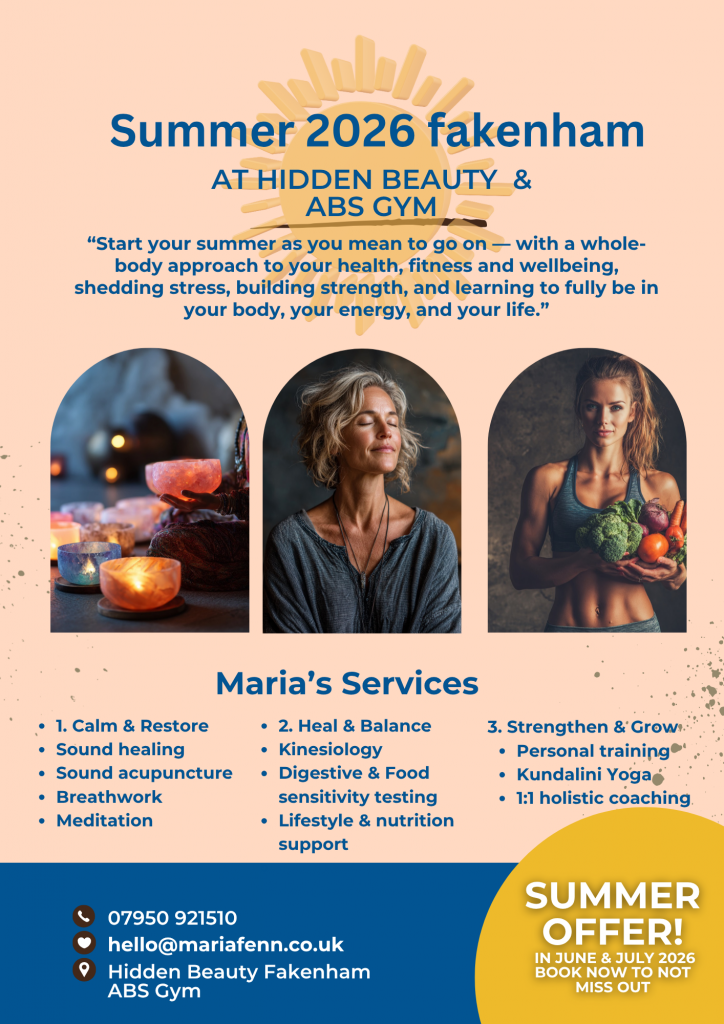 An image representing holistic wellness at Hidden Beauty and ABS Gym in Fakenham, showing a space where personal training, Kundalini yoga, breathwork, sound healing, kinesiology, acupuncture, colour meditation, dance, and resistance training come together. The scene reflects a blend of physical fitness, energetic healing, and mindful movement within a supportive wellbeing environment.