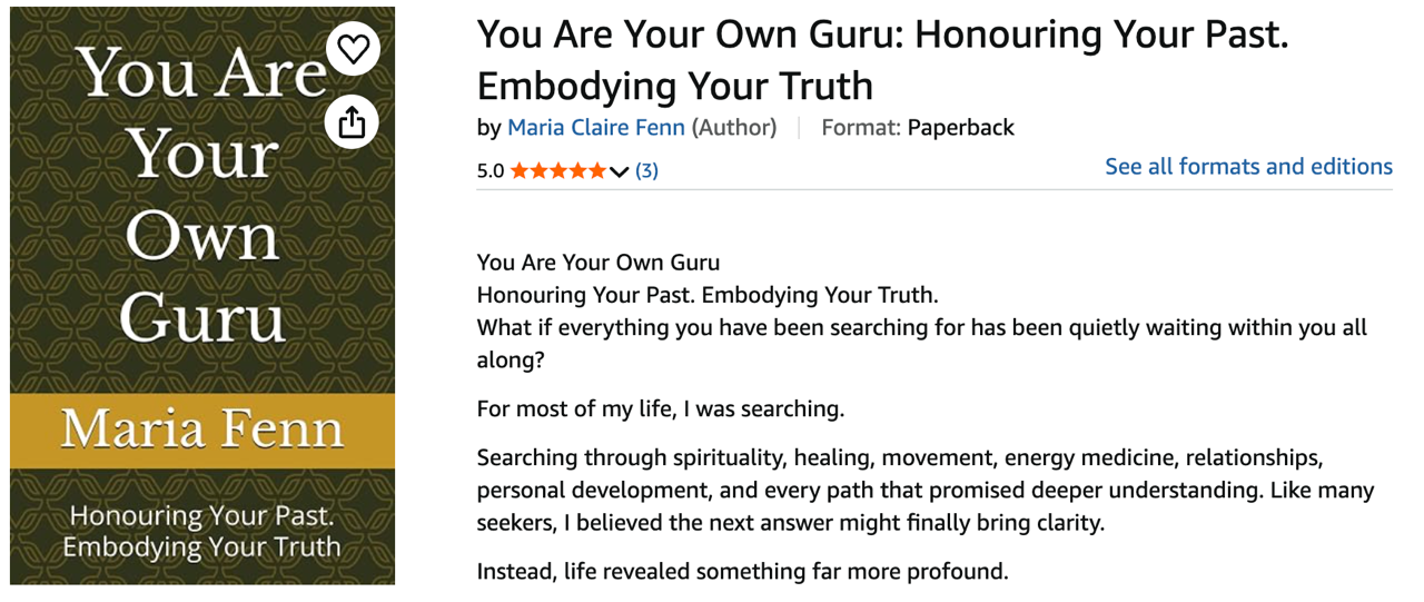 Front cover of the self-help book 'You Are Your Own Guru: Honouring Your Past. Embodying Your Future' by Maria Claire Fenn, designed in warm sunset and earth tones.